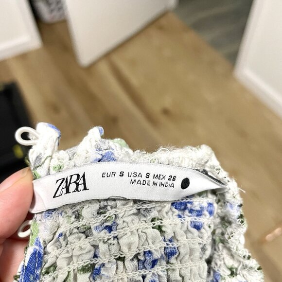 Zara Linen Blend Cottagecore Floral Long Sleeve Dress Smocked Neck size Small - Picture 10 of 11